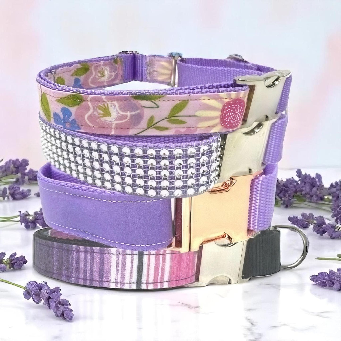 Personalized Option, Lavender, Martingale Dog Collar With Buckle, Custom, Engraved, Greyhound, Floral, Girl, Puppy Collar, Plaid, Rhinestone