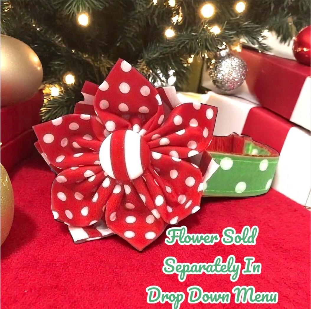 Christmas Grinch Inspired, Polka Dot, Red, Green, Dog Collar, Girl, Cute, Holiday, Personalized, Engraved, Custom, Puppy, With Optional Bow