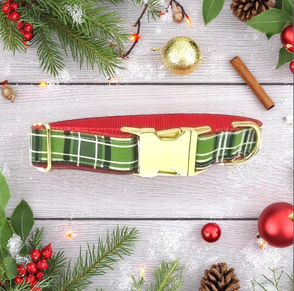 Christmas Plaid Dog Collar, Gold Buckle, Red, Green, Plaid, Girl, Boy, Holiday, Seasonal, Personalize, Engrave, Custom, Designer, Puppy