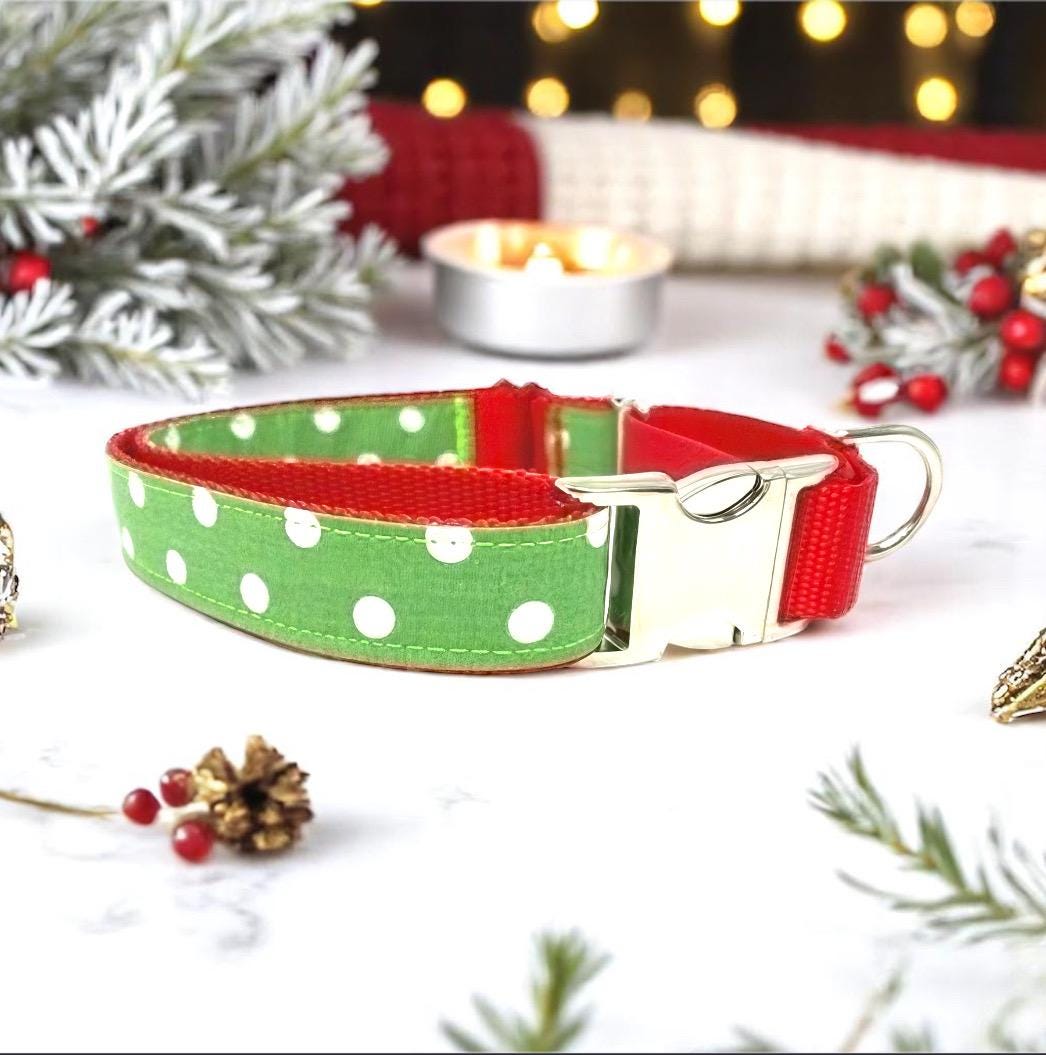 Christmas Polka Dot Buckle Martingale Dog Collar, Grinch, Red, Green, Plaid, Girl, Boy, Greyhound, Whippet, Personalized, Engraved, Custom