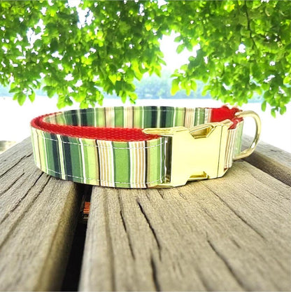 Christmas Stripe Dog Collar, Gold Buckle, Red, Green, Plaid, Girl, Boy, Holiday, Seasonal, Personalize, Engrave, Custom, Designer, Puppy