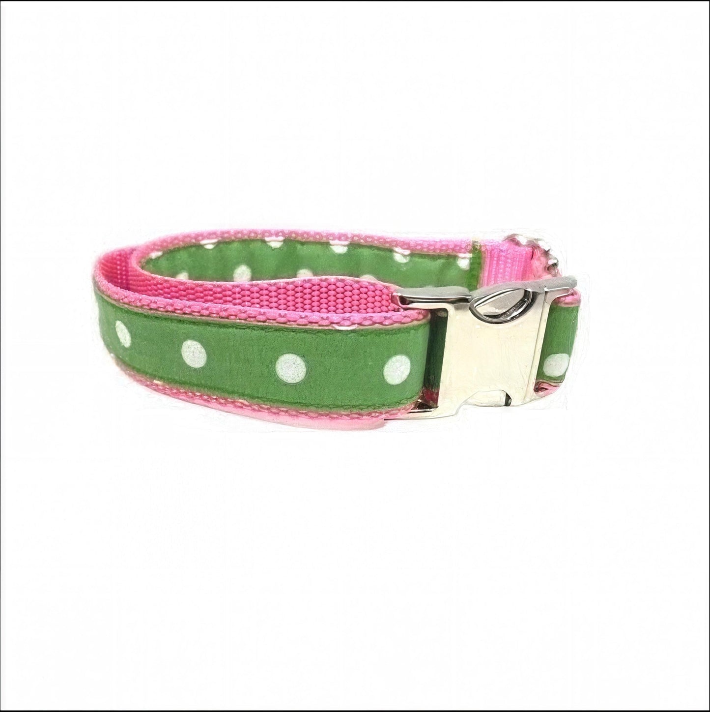 Cute Girl Dog Collar, Pink, Green, Polka Dot, Puppy Collar, Personalized Female Pet Collar, Custom, Engraved, Large, Dog Collar With Name