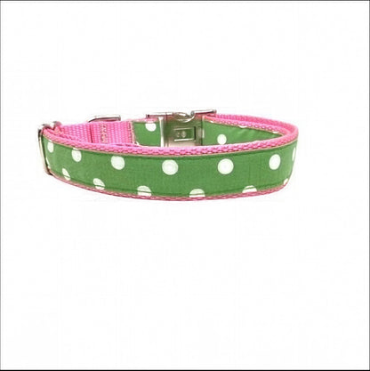 Cute Girl Dog Collar, Pink, Green, Polka Dot, Puppy Collar, Personalized Female Pet Collar, Custom, Engraved, Large, Dog Collar With Name