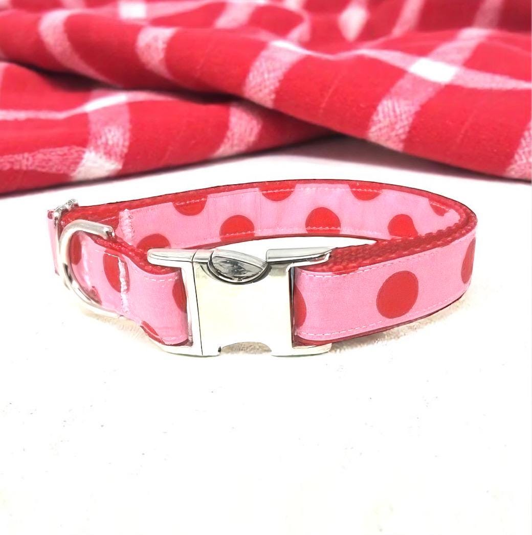 Cute Pink + Red Polka Dot Girl Dog Collar With Optional Flower Bow, Cute, Personalized, Engraved, Custom, Puppy, + Love, Heart, Female