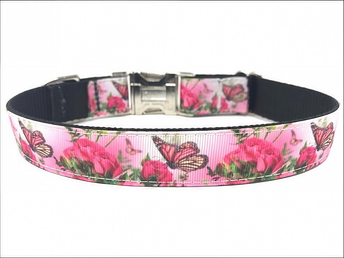 Dog Collar For Girls, Butterfly, Flowers, Floral, Rose, Pink, Black, Female, Summer, Personalized, Engrave, Custom, Butterflies, Bugs