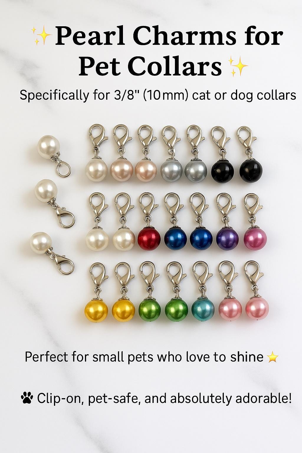 Pearl Dog Collar Charm Clip – Pet Collar Accessories for Dogs & Cats – Bling Jewelry Add-On – Customizable Colors – Cute Pet Charm for Puppy