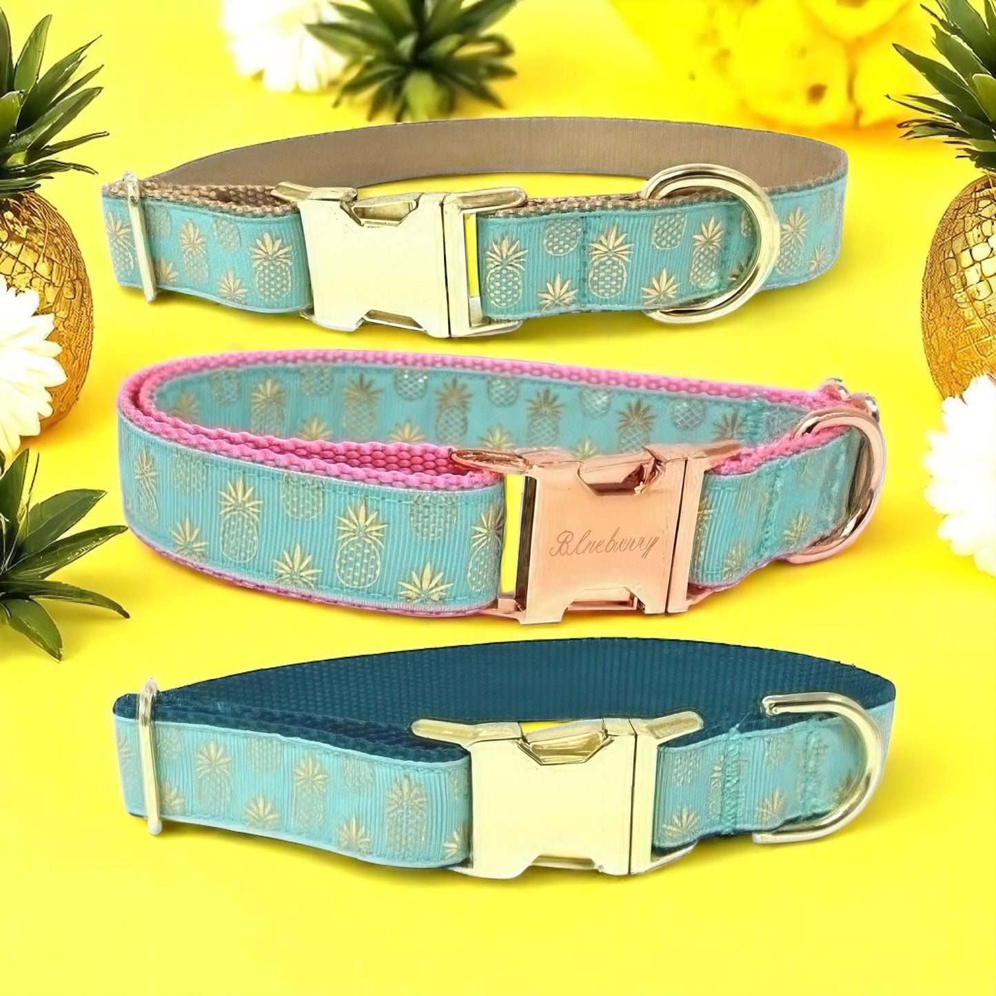 Pineapple, Dog Collar, Girl, Boy, Personalized, Engraved, Custom, Designer, Green, Cute, Puppy, Pink, Teal, Fruit, Summer, Small, Large