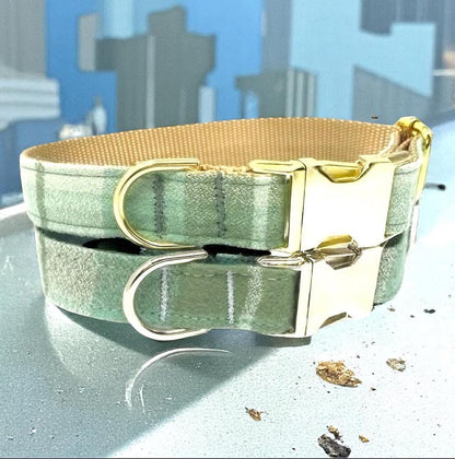 Dog Collar, Plaid, Green, Gold, Fall, Autumn, For Girls, Boys, Personalize, Engrave, Flannel, Silver