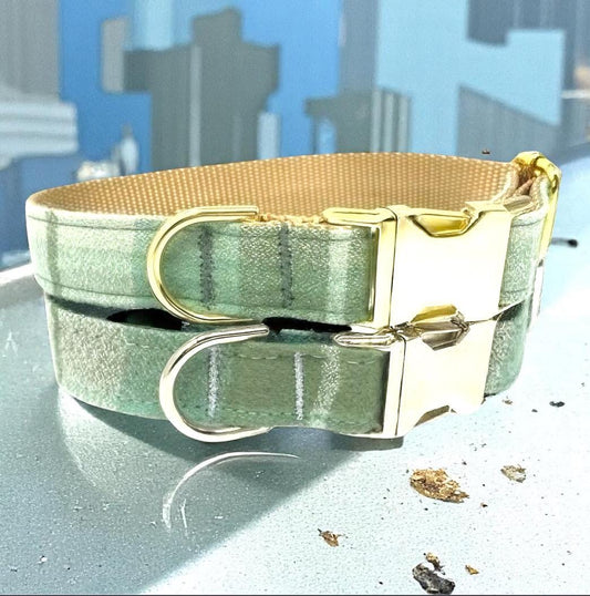 Dog Collar, Plaid, Green, Gold, Fall, Autumn, For Girls, Boys, Personalize, Engrave, Flannel, Silver