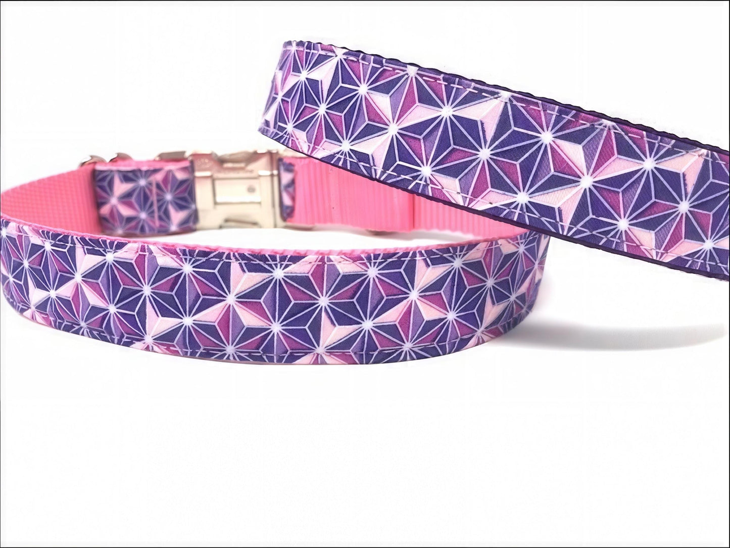 Pink And Purple Hexagon Print Dog Collar For Girls, Personalized Dog Collar, Engraved Dog Collar