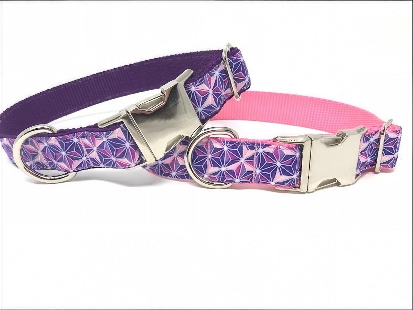 Pink And Purple Hexagon Print Dog Collar For Girls, Personalized Dog Collar, Engraved Dog Collar