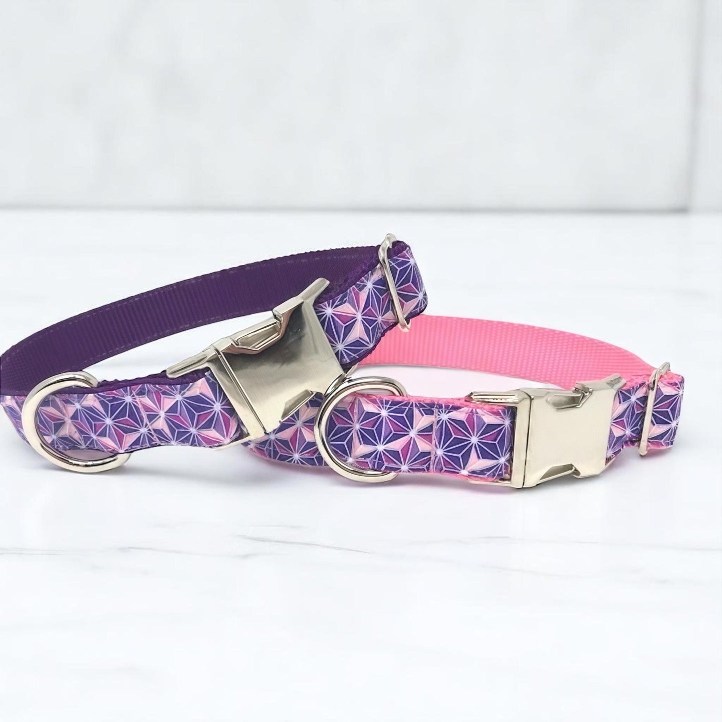 Pink And Purple Hexagon Print Dog Collar For Girls, Personalized Dog Collar, Engraved Dog Collar