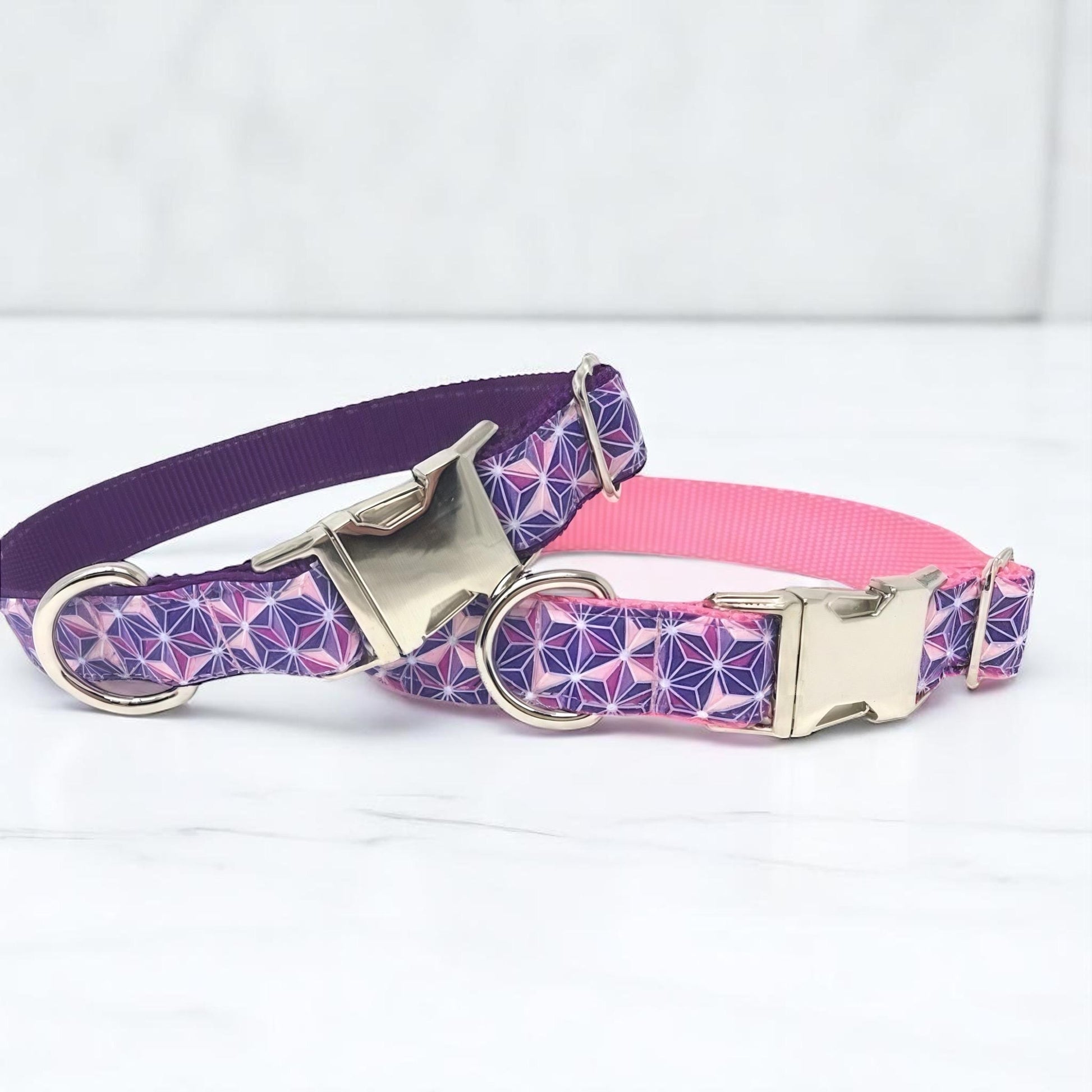 Pink And Purple Hexagon Print Dog Collar For Girls, Personalized Dog Collar, Engraved Dog Collar