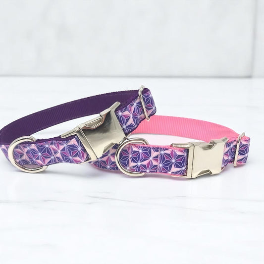 Pink And Purple Hexagon Print Dog Collar For Girls, Personalized Dog Collar, Engraved Dog Collar