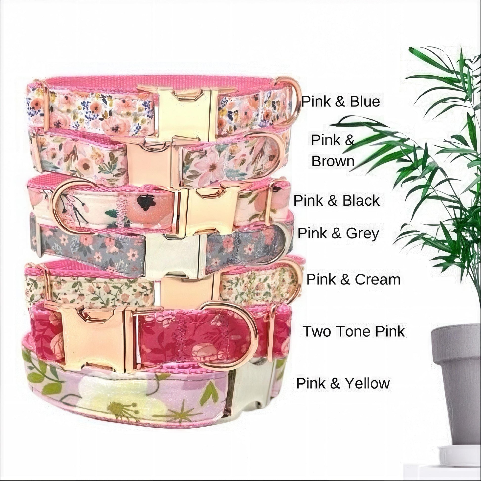 Pink Floral Fabric Dog Collar For Girls, Laser Engraved, Puppy Collar, Rose Gold Metal Buckle, With Engraved Name, Cute Designer Dog Collar