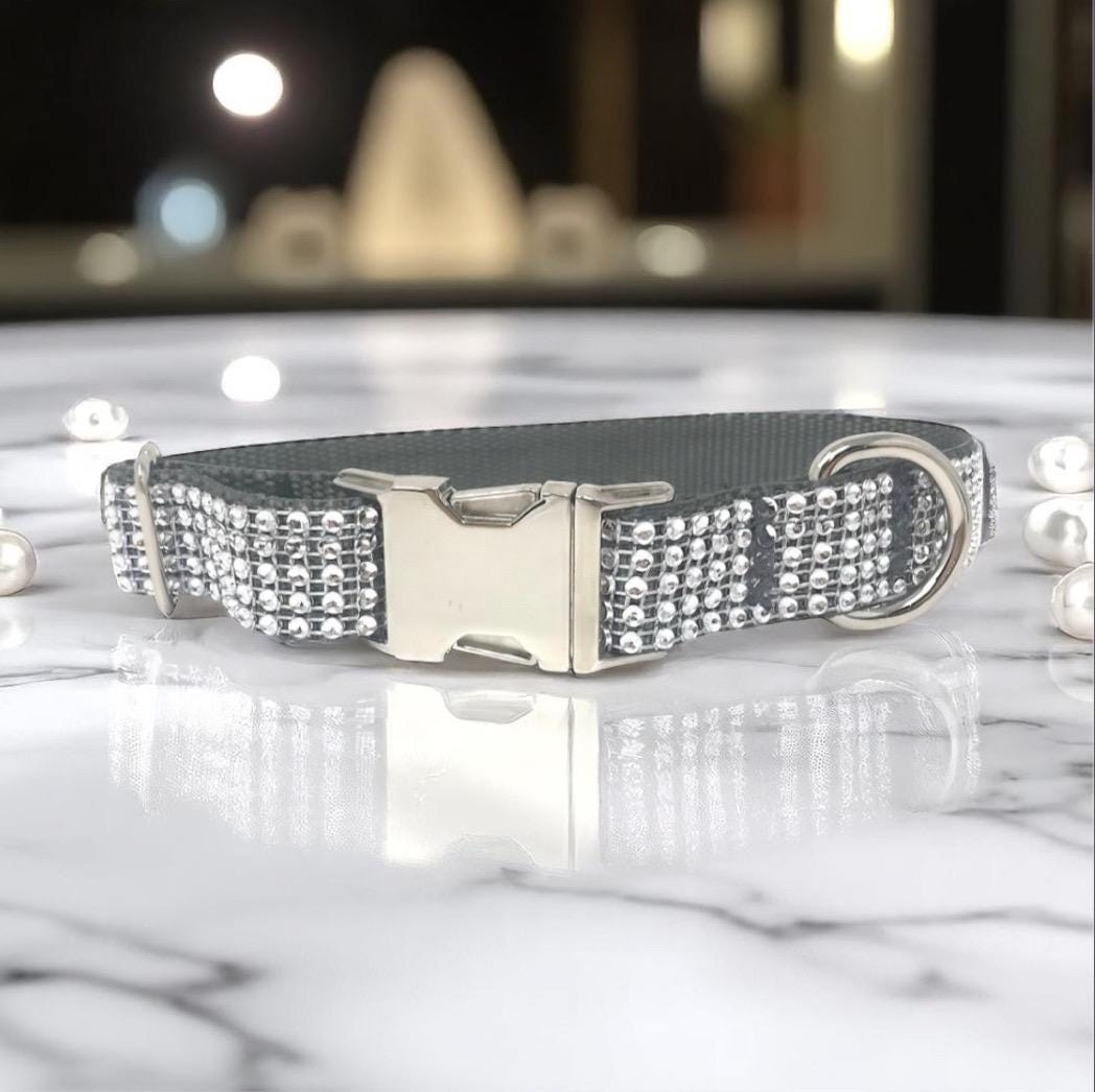 Fancy Dog Collar For Girls In Silver Rhinestone, Personalized Dog Collar, Engraved Dog Collar, Customized Dog Collar, Cat Collar