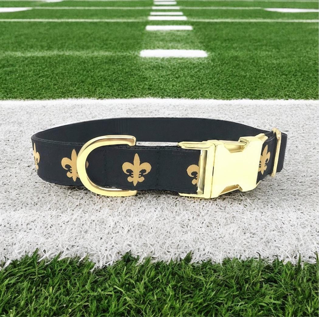 Gold And Black, Fleur-de-lis Dog Collar, New Orleans Saints Inspired Dog Collar For Boy Or Girl , Personalized, Custom, Engraved
