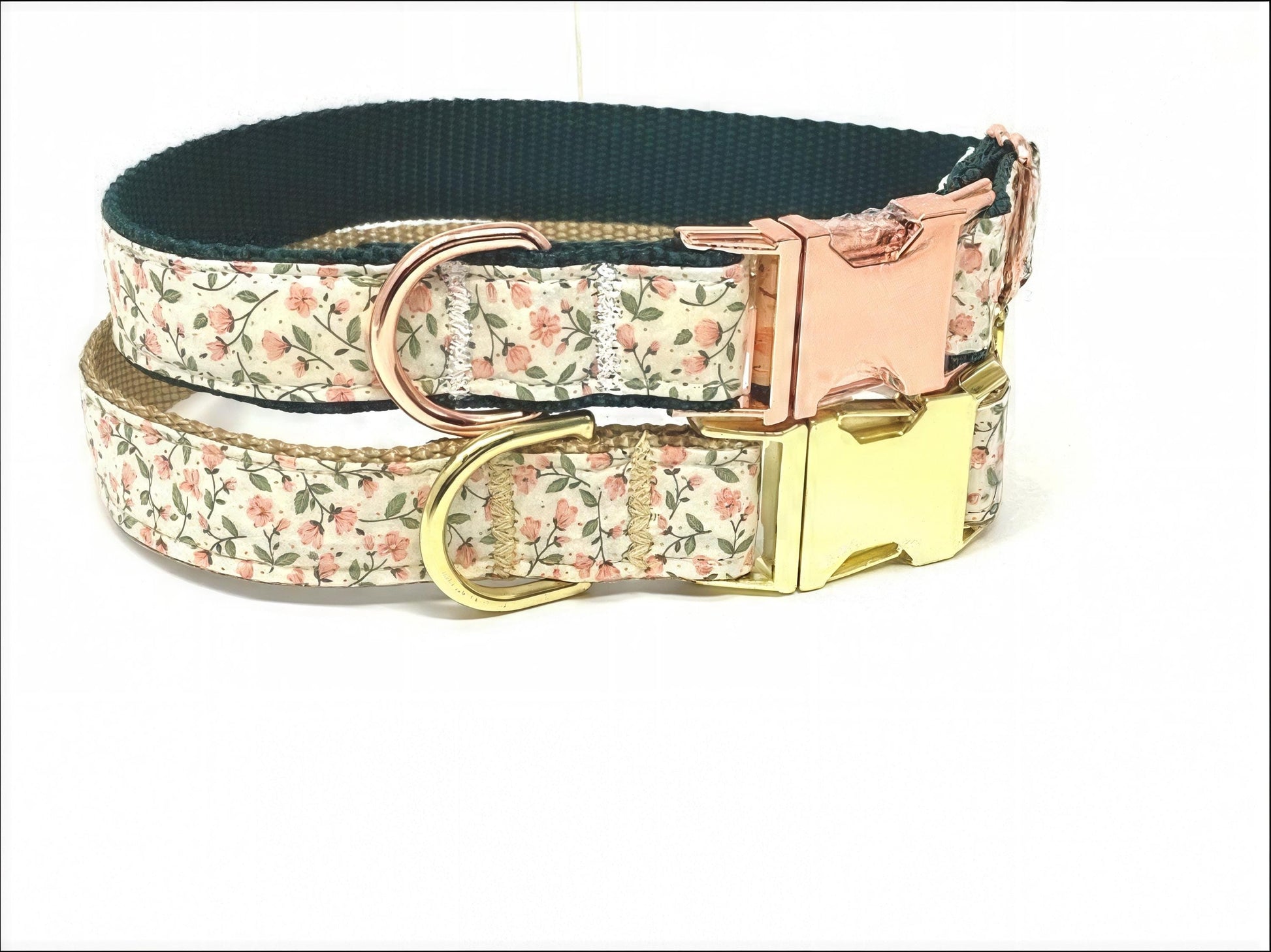Floral Dog Collar, WIth Rose Gold Or Gold Metal Buckle, Pink, Green, For Girls, Female, Personalized, Engraved