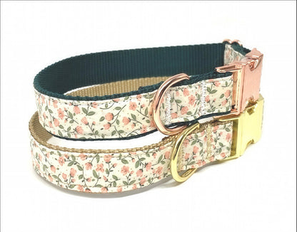 Floral Dog Collar, WIth Rose Gold Or Gold Metal Buckle, Pink, Green, For Girls, Female, Personalized, Engraved