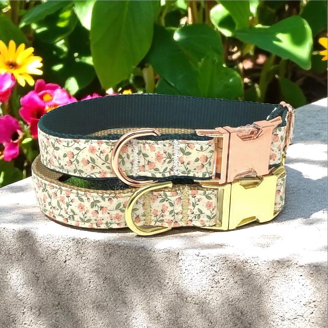 Floral Dog Collar, WIth Rose Gold Or Gold Metal Buckle, Pink, Green, For Girls, Female, Personalized, Engraved