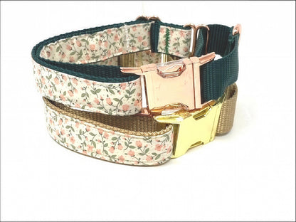 Floral Martingale Dog Collar, WIth Rose Gold Or Gold Metal Buckle, Pink, Green, For Girls, Female, Personalized, Engraved