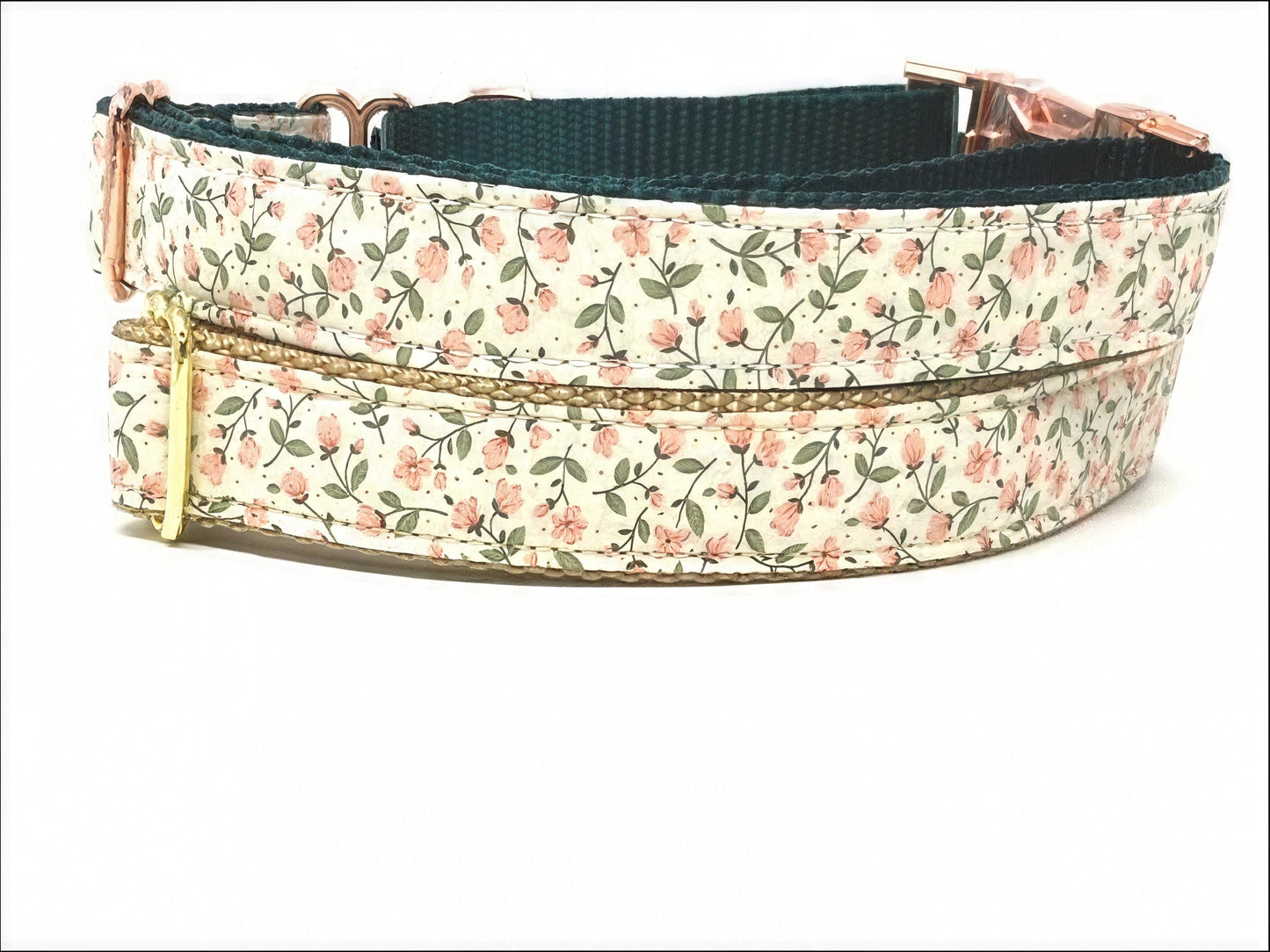 Floral Martingale Dog Collar, WIth Rose Gold Or Gold Metal Buckle, Pink, Green, For Girls, Female, Personalized, Engraved