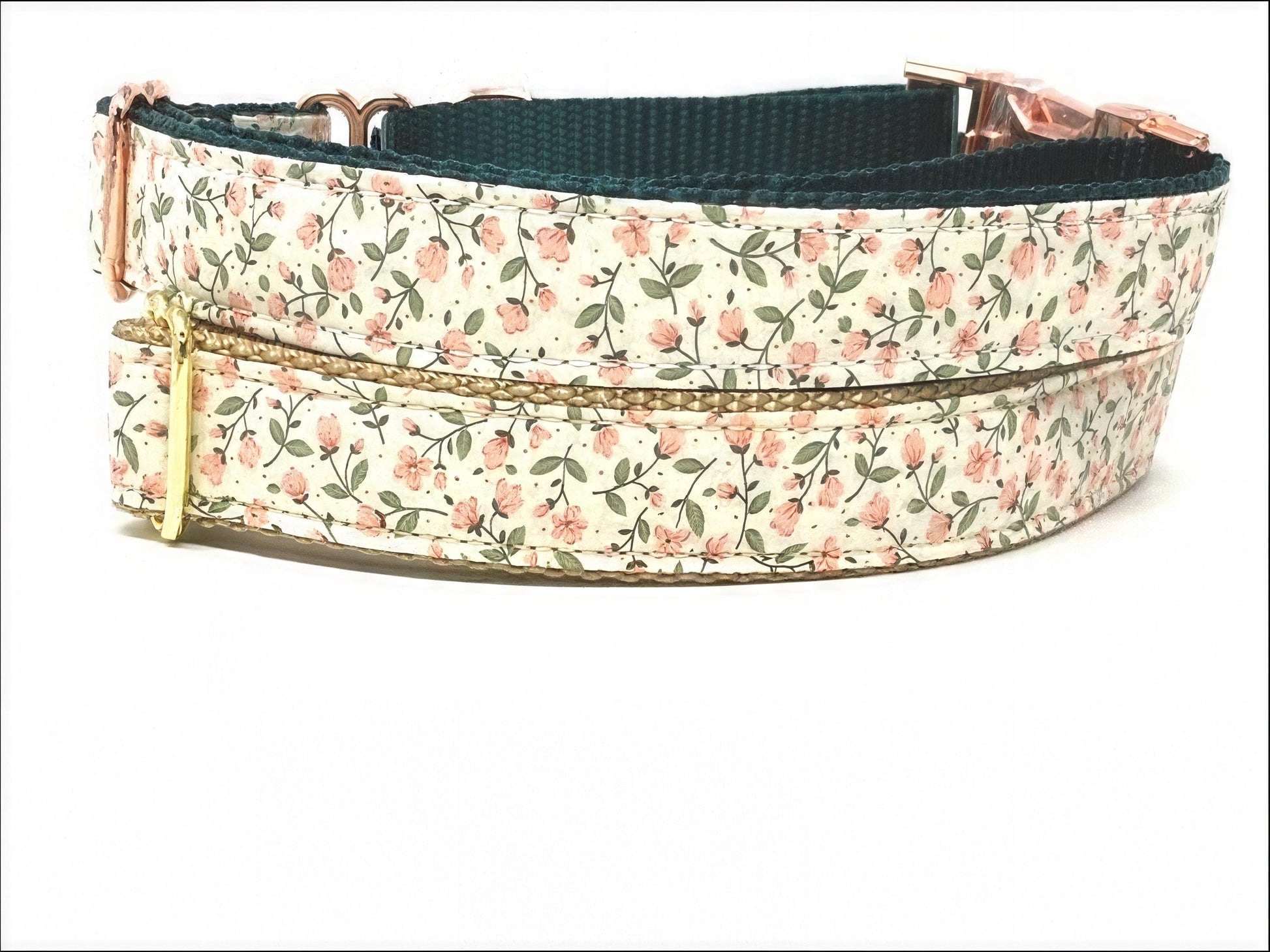 Floral Martingale Dog Collar, WIth Rose Gold Or Gold Metal Buckle, Pink, Green, For Girls, Female, Personalized, Engraved