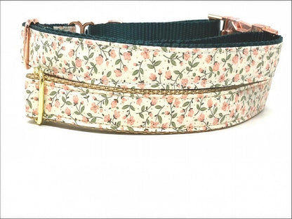 Floral Martingale Dog Collar, WIth Rose Gold Or Gold Metal Buckle, Pink, Green, For Girls, Female, Personalized, Engraved
