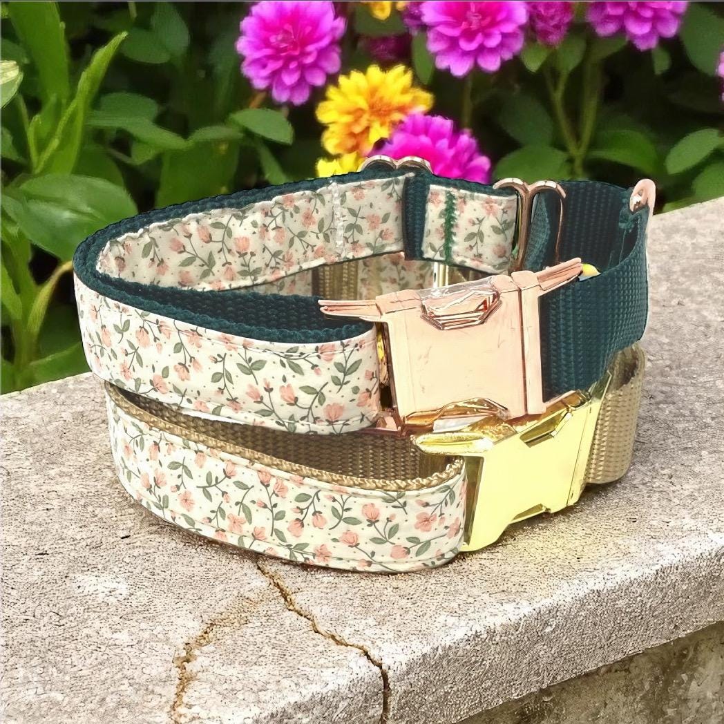 Floral Martingale Dog Collar, WIth Rose Gold Or Gold Metal Buckle, Pink, Green, For Girls, Female, Personalized, Engraved