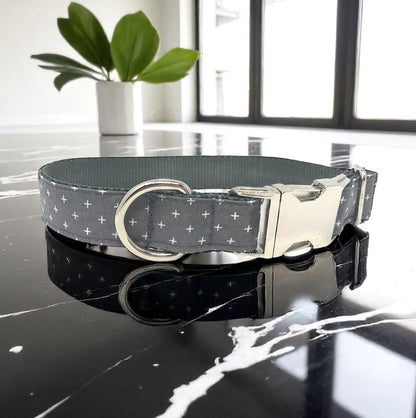 Grey Dog Collar With White Crosses, Personalized, Engraved, Customized, Religious, Christian, Trendy, Boy, Girl, Small, Medium, Large, XL
