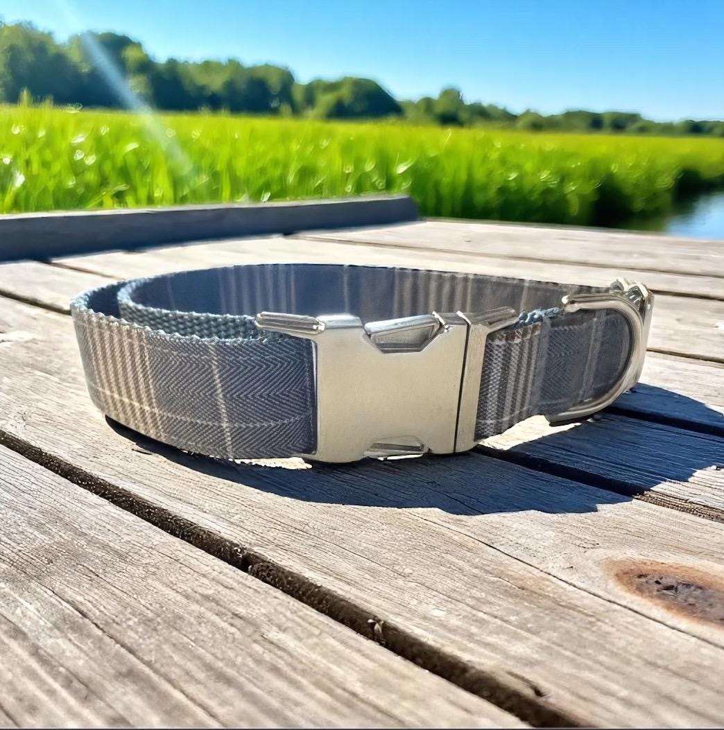 Grey Plaid Boy Dog Collar, Handome, Preppy, Personalized, Engraved, Custom Puppy Collar, Dog Collar, Fall, Autumn, Pet Collar, Gray, Brown