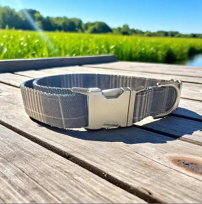 Grey Plaid Boy Dog Collar, Handome, Preppy, Personalized, Engraved, Custom Puppy Collar, Dog Collar, Fall, Autumn, Pet Collar, Gray, Brown