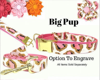 Leopard, Custom, Buckle Martingale Dog Collar, Pink, Gold, Cheetah, Girl, Big Pup Pet Fashion, Designer, Puppy, Greyhound, Whippet, Fabric