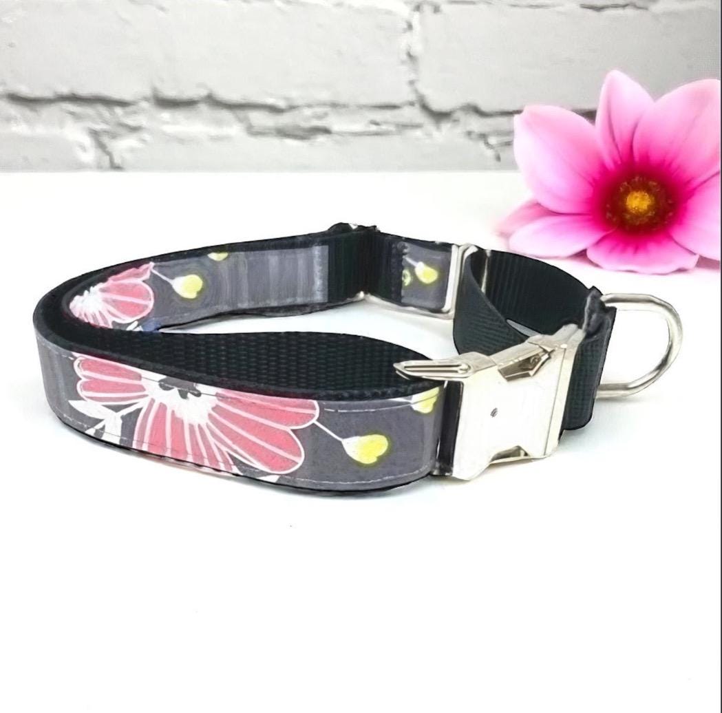 Martingale Buckle Dog Collar, Black, Pink And Teal Floral Girl Dog Collar, Dog Collar Girl, Personalized, Custom Dog Collar, Engraved, Puppy