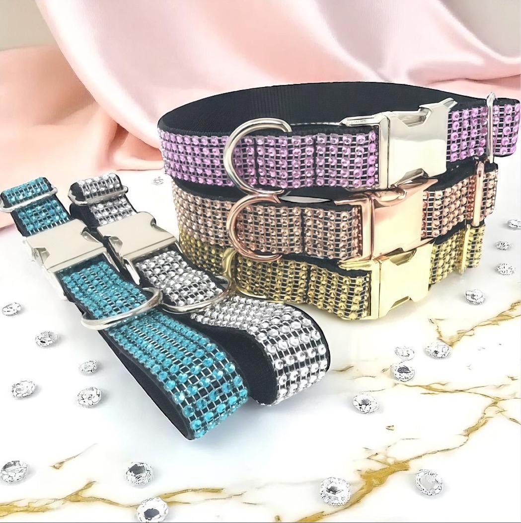 Bling Rhinestone Dog Collar, Diamond, Girl, Boy, Custom, Engraved, Personalized, Sparkle, Fancy, Rose Gold, Pink, Teal, Bedazzled, Puppy