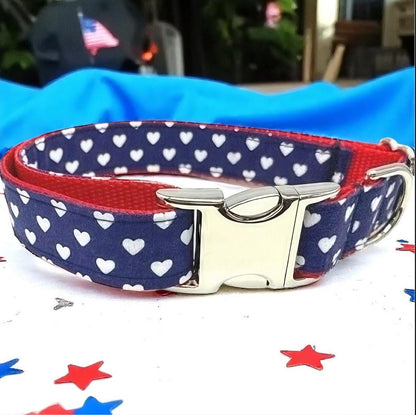 Red, White, Blue, Patriotic, 4th Of July, Polka Dot, Dog Collar, Girl, Cute, Personalized, Engraved, Custom, Puppy, + Optional Flower