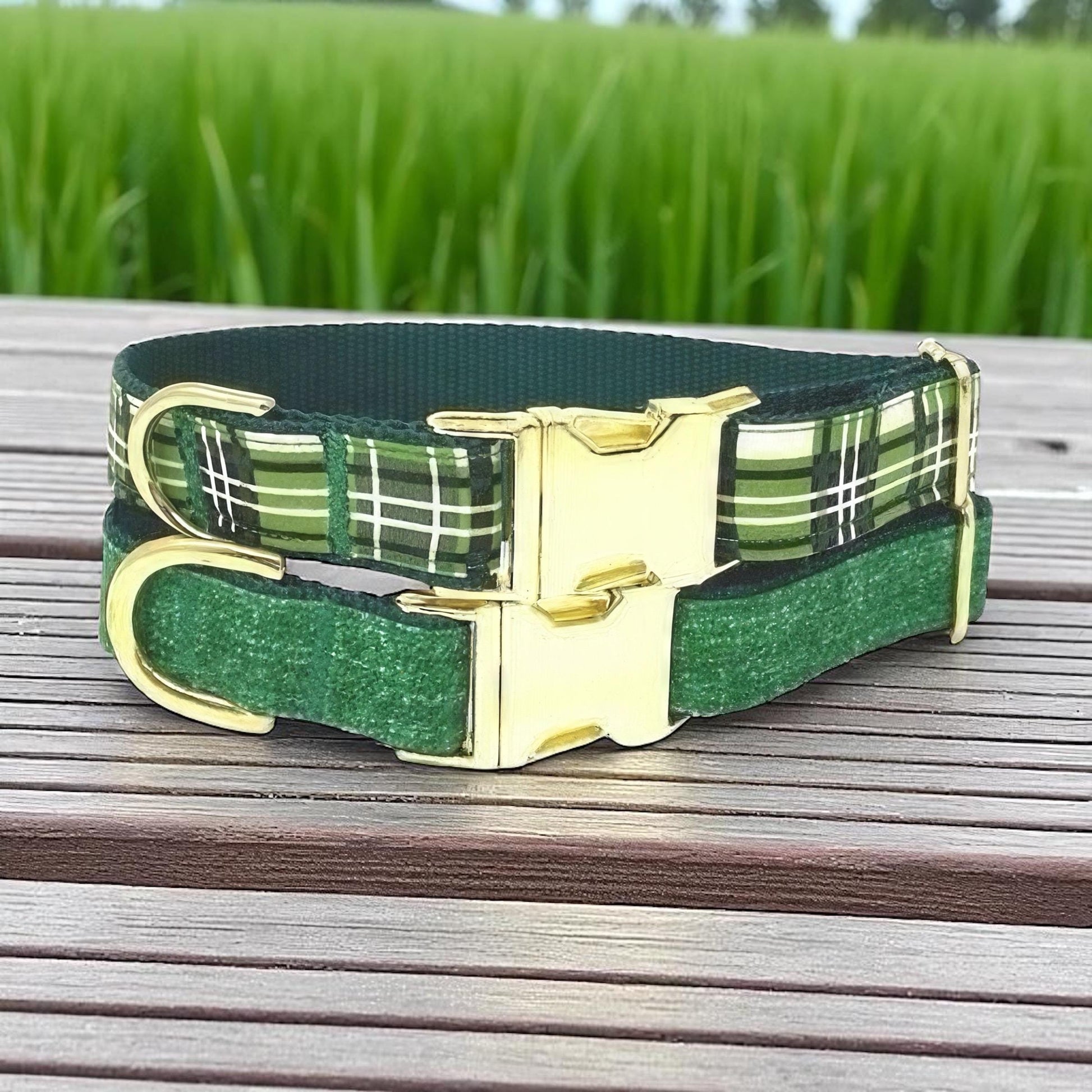Plaid Dog Collar, Boy, Green, Black, Gold, Male Dog Collar, Personalized, Engraved, Custom Dog Collar, Puppy, Christmas, Wide, Fall, Season