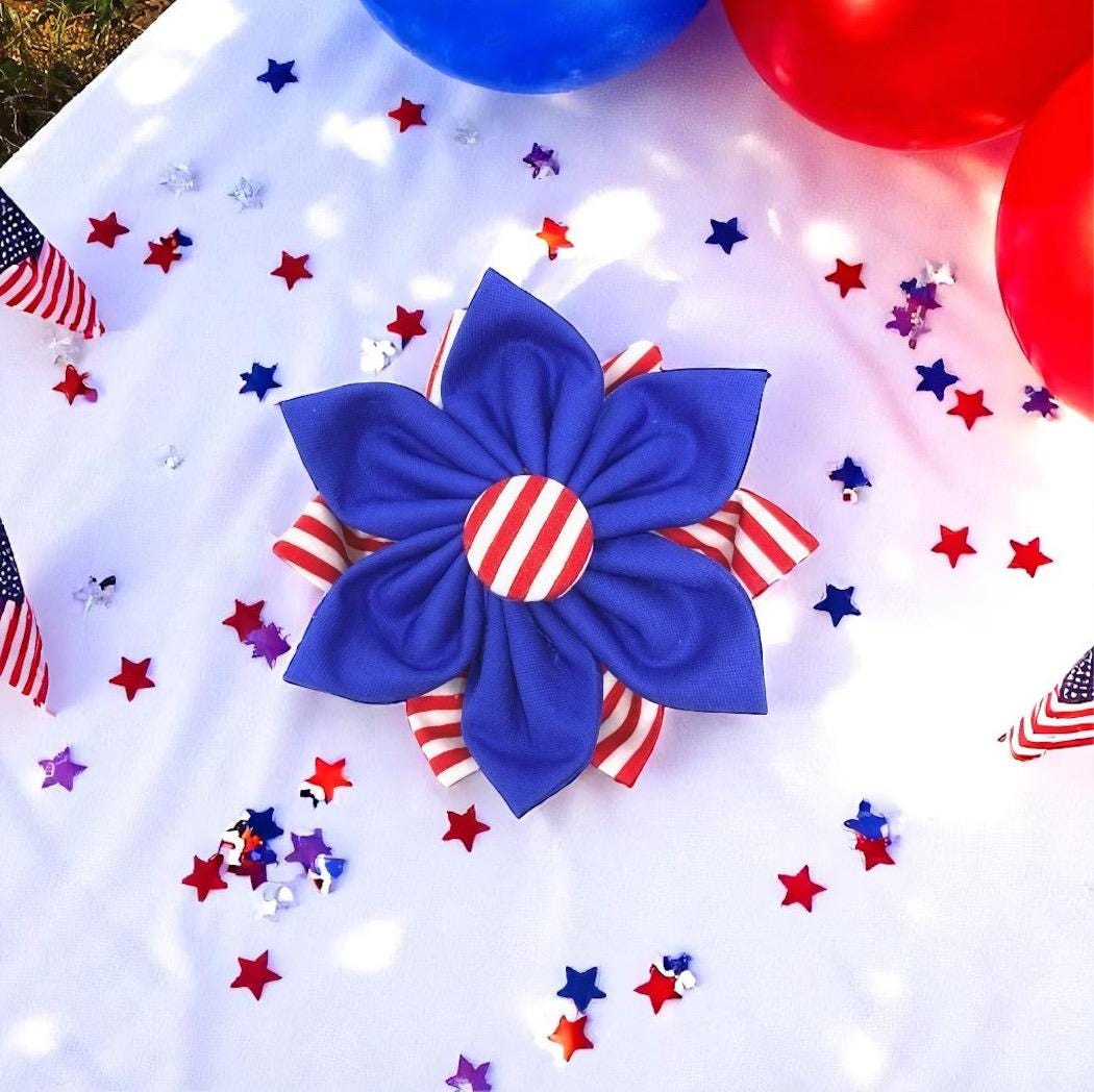 Dog Collar Flower, Red, White, Blue, American, 4th Of July, Independence Day, Patriotic, Dog Collar Flower For Girls, Girly Dog Bow