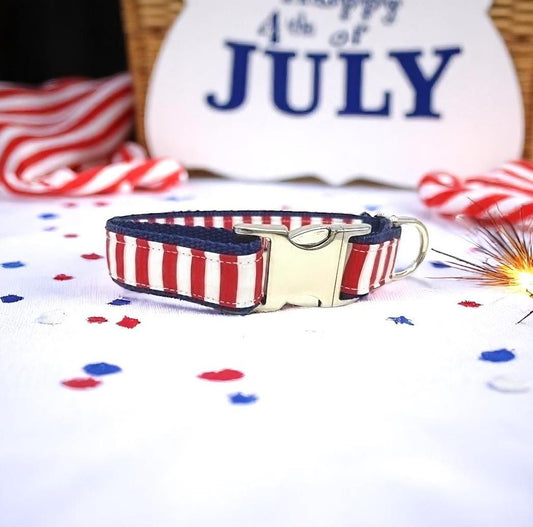 Nautical, 4th Of July, Red, White, Blue, Stripe, Custom, Dog Collar, Girl, Boy, Personalized, Engraved, Cute, Designer, Puppy, Cat, Pet