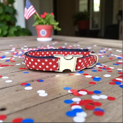 Patriotic, 4th Of July, Red, White, Blue, Polka Dot, Dog Collar, Girl, Cute, Personalized, Engraved, Custom, Puppy, + Optional Flower, Bow