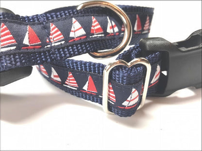 Navy Blue And Red Sailboards Nautical Ocean Lover Dog Collar For Boys, Handsome, Sophisticated, Classy, Preppy, Upscale Designer Dog Collar