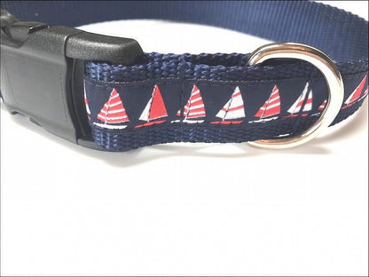 Navy Blue And Red Sailboards Nautical Ocean Lover Dog Collar For Boys, Handsome, Sophisticated, Classy, Preppy, Upscale Designer Dog Collar