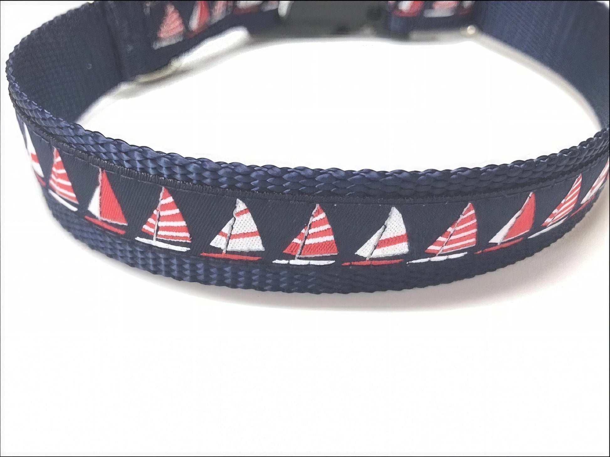 Navy Blue And Red Sailboards Nautical Ocean Lover Dog Collar For Boys, Handsome, Sophisticated, Classy, Preppy, Upscale Designer Dog Collar