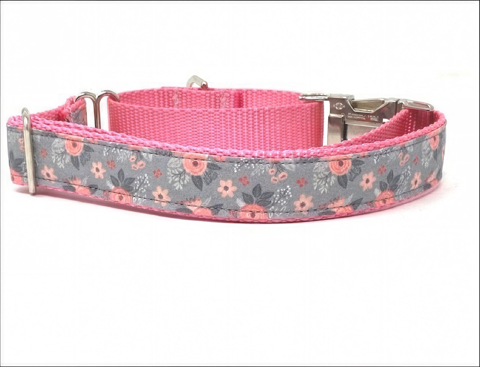 Pink + Grey, Girl, Floral, Buckle Martingale Dog Collar, Whippet, Greyhound, Personalized, Custom, Engraved, Female, Designer, Puppy Collar