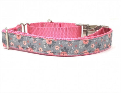 Pink + Grey, Girl, Floral, Buckle Martingale Dog Collar, Whippet, Greyhound, Personalized, Custom, Engraved, Female, Designer, Puppy Collar