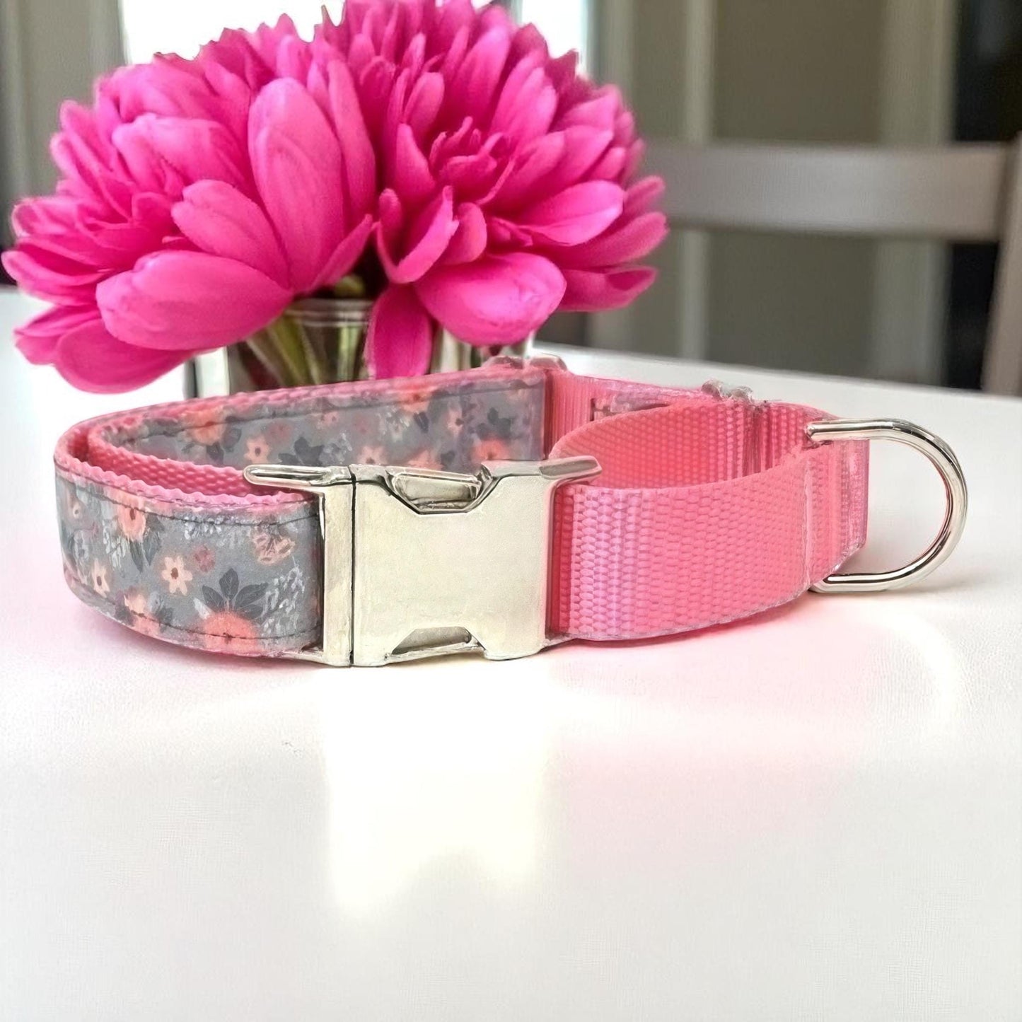 Pink + Grey, Girl, Floral, Buckle Martingale Dog Collar, Whippet, Greyhound, Personalized, Custom, Engraved, Female, Designer, Puppy Collar