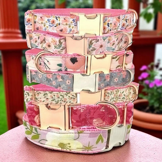 Pink Floral Fabric Dog Collar For Girls, Laser Engraved, Puppy Collar, Rose Gold Metal Buckle, With Engraved Name, Cute Designer Dog Collar