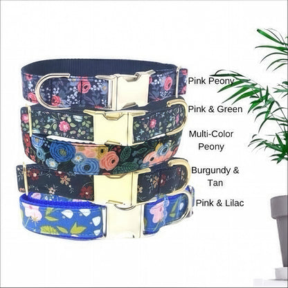 Pink Floral Fabric Dog Collar For Girls, Laser Engraved, Puppy Collar, Rose Gold Metal Buckle, With Engraved Name, Cute Designer Dog Collar