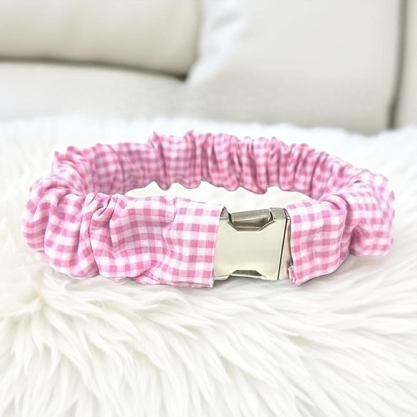 Pink Gingham Dog Collar Scrunchie Cover For Girl Pets, Alternative To Dog Bandana, Cute Pink Collar Cover For Dog, Cat, Pet, Puppy