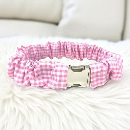 Pink Gingham Dog Collar Scrunchie Cover For Girl Pets, Alternative To Dog Bandana, Cute Pink Collar Cover For Dog, Cat, Pet, Puppy